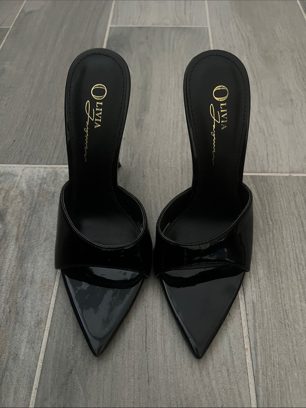 Olivia Formina Black Patent Pointed-Toe Slide Heels